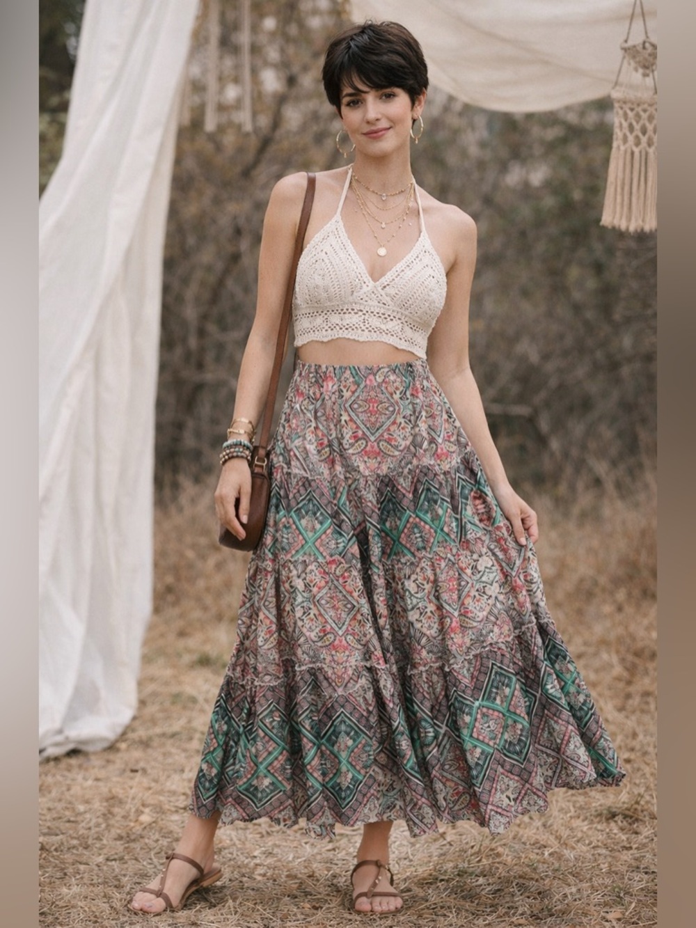 Boho Tiered Maxi Skirt XL Paisley Medallion Print Green Orange Style & Co